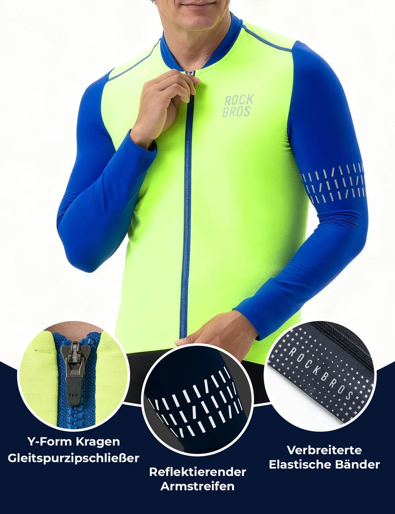 Fahrradtrikot Langarm Heren Winter Warm Fleece Radtrikot Atmungsaktiv Elastisch Met 3 Taschen en Reflektierend