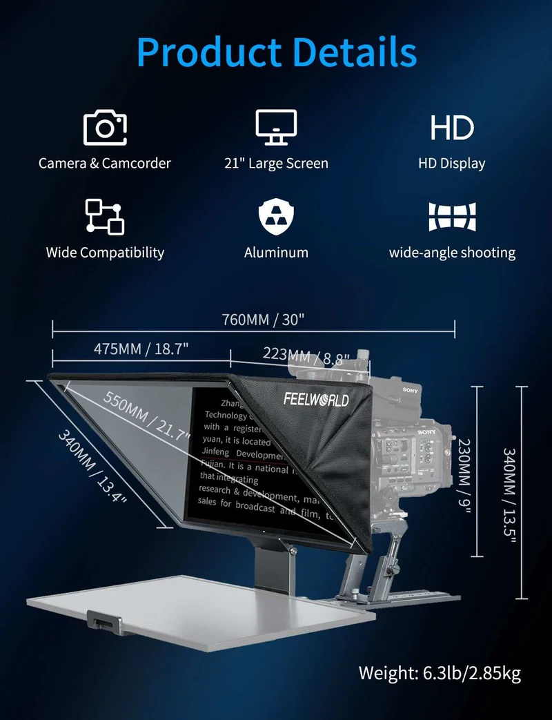 Der FEELWORLD TP21 21-Zoll-Falt-Teleprompter unterstützt Teleprompter bis zu 21.5 Zoll, horizontale und vertikale Teleprompter-Funktion sowie Bluetooth-Fernbedienung.