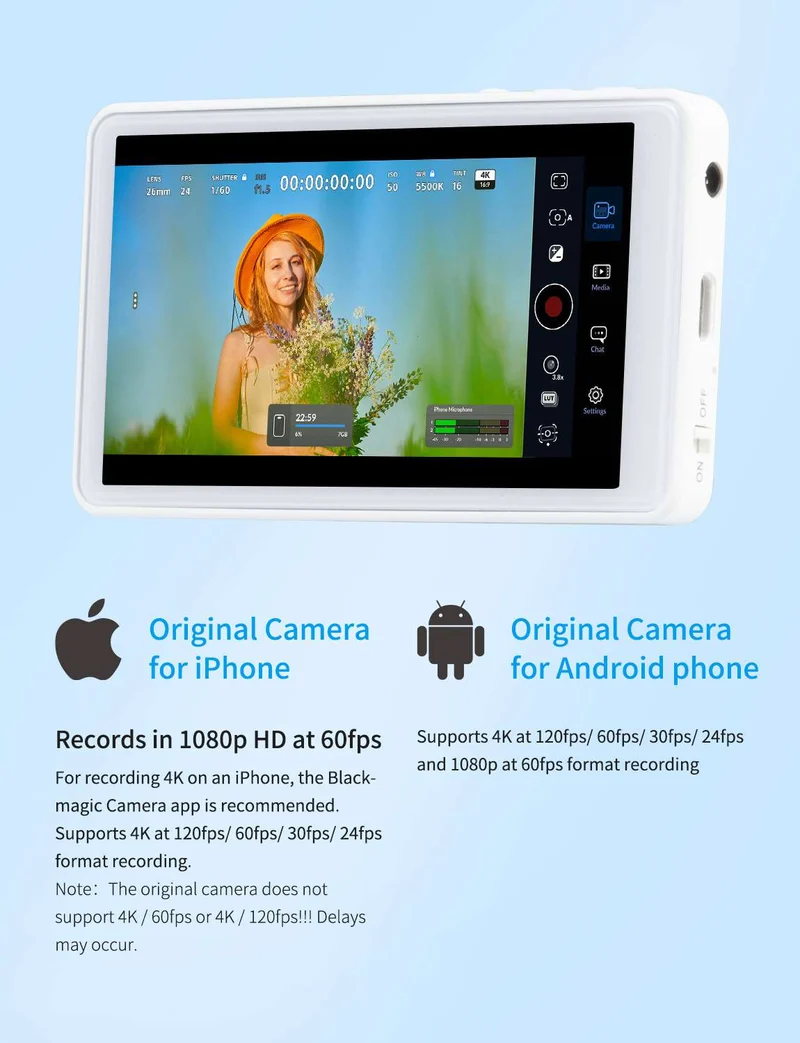 FEELWORLD MC4 Selfie-Monitor für iPhone/Android, 4K/1080p, magnetisch, kabellos, 99 m Reichweite, HD für Vlogging und Streaming