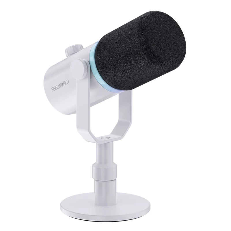 FEELWORLD PM1 Weißes XLR-USB-dynamisches Mikrofon mit Desktop-Ständer für Podcast
