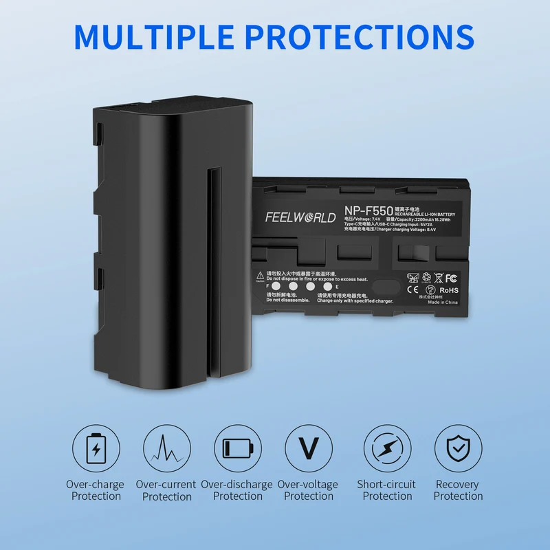 FEEWORLD NP-F550 2200 mAh Li-Ionen-Akku für Monitor, Videoleuchte, Videoübertragung, USB-C-Aufladung