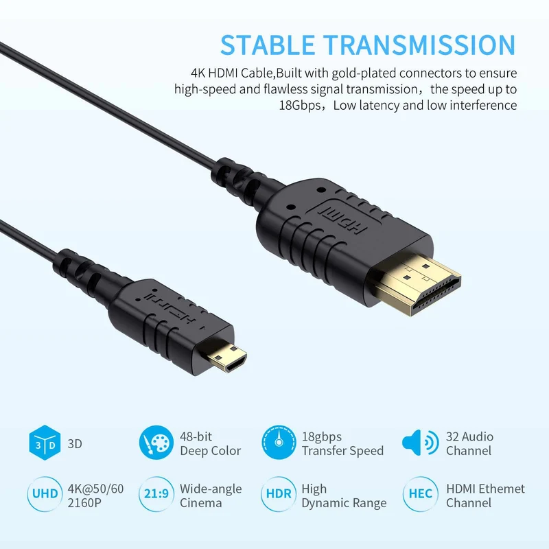 FEELWORLD Ultradünnes 4K-Micro-HDMI-zu-HDMI-Kabel 3 Fuß, 2.5 mm schlankes HDMI 2.0-Kabel, unterstützt High Speed ​​4K@60Hz 2160p 1080p 18 Gbit/s 3D HDR für Kamera, Camcorder