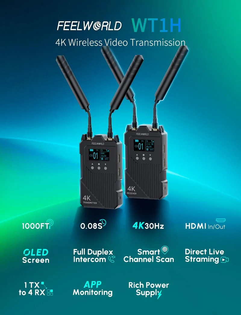 FEELWORLD WT1H 4K Drahtloses Videoübertragungssystem Dual HDMI Vollduplex-Intercom Live-Streaming