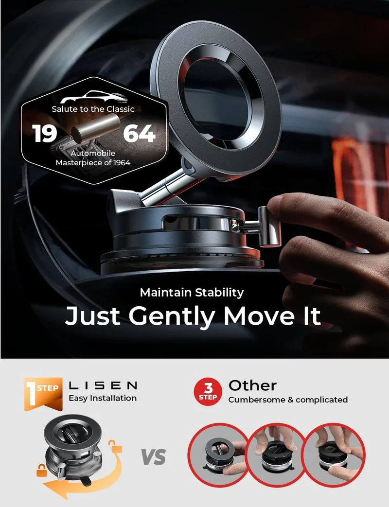 LISEN Suction Cup Phone Mount, Vacuum Magnetic Phone Holder, 360° Adjustable for MagSafe Car Holder