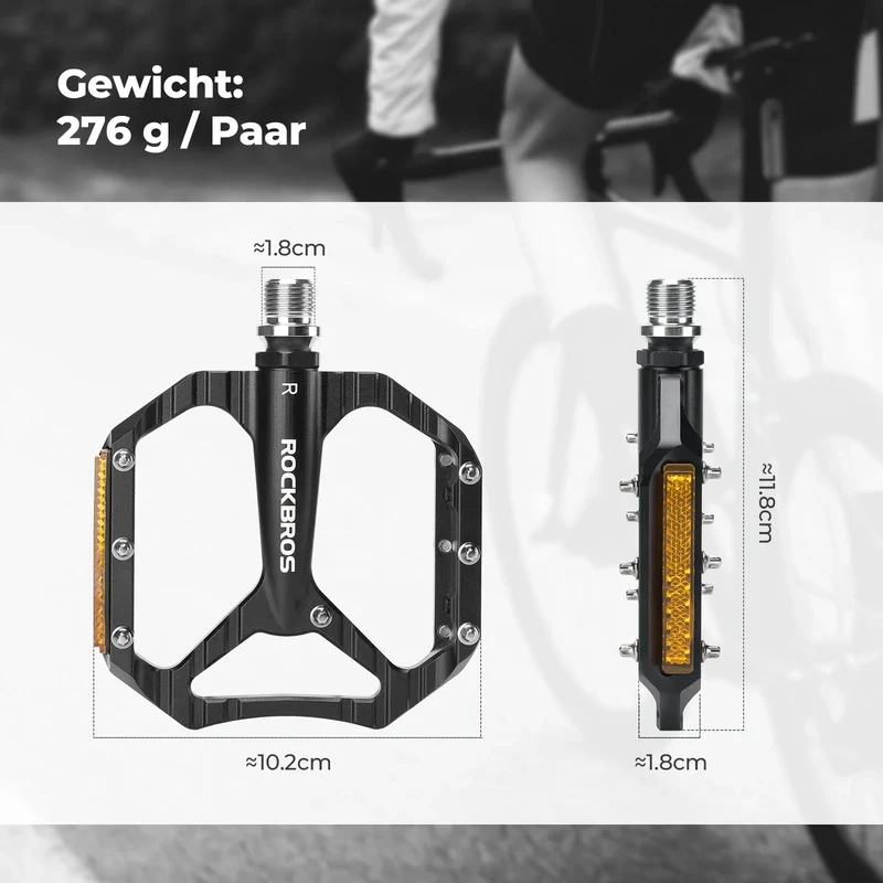Fahrradpedale rutschfest– Aluminium plattformpedale met reflektoren, abgedichte Kugellager, Anti-Rutsch-Pins, 9/16" Achse