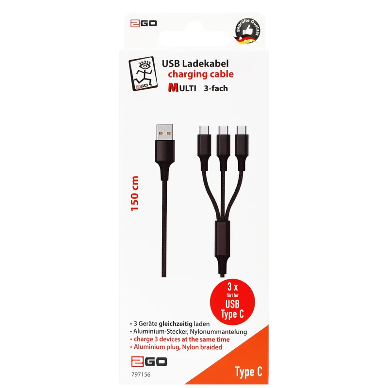 3 in 1 USB Ladekabel - USB A auf 3 x USB Type-C - 150 cm - schwarz