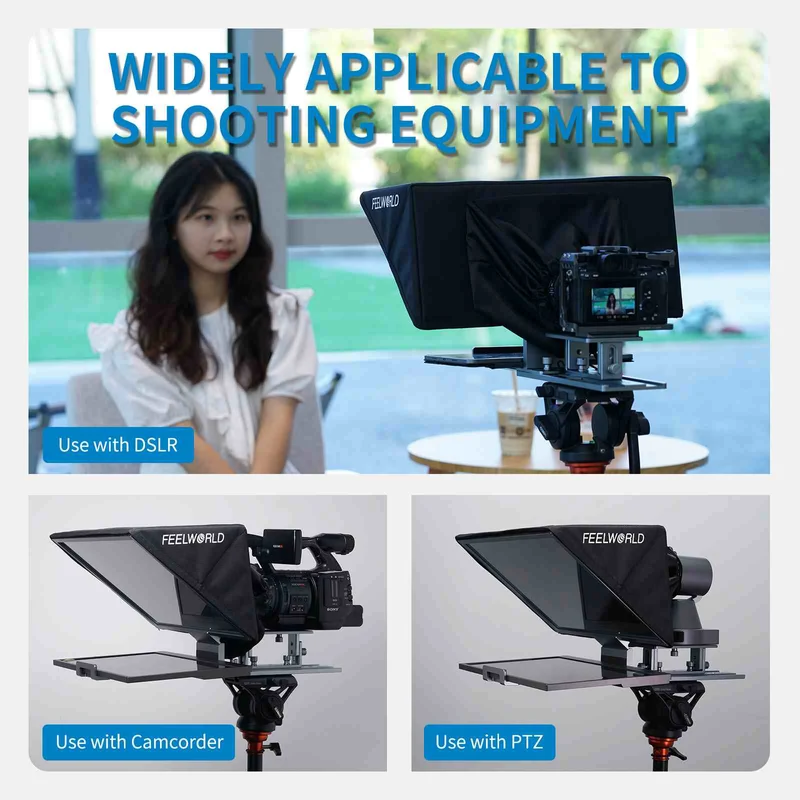 Der faltbare 16-Zoll-Teleprompter FEELWORLD TP16 unterstützt horizontale und vertikale Eingabeaufforderungen für Tablets mit bis zu 16 Zoll