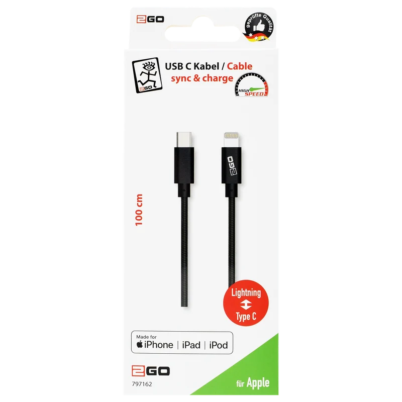 USB Datenkabel - MFI zertifiziert - USB Type-C auf 8-Pin (Lightning) - 100 cm - anthrazit