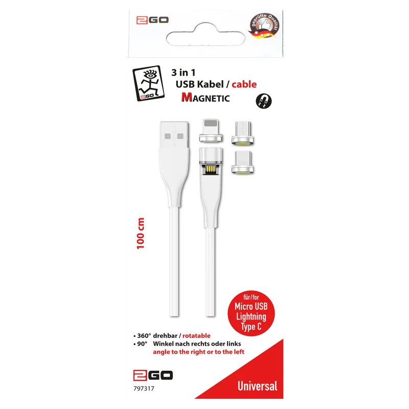 3 in 1 USB Ladekabel mit magnetischen Steckern - USB A auf Micro-USB / 8-Pin (Lightning) / USB Type-C - 100 cm - weiß
