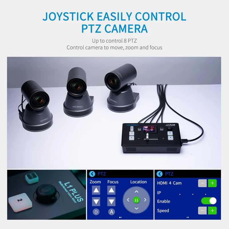 FEELWORLD L1 PLUS Multikamera-Videomischer-Umschalter 2" Touch-PTZ-Steuerung 4K-Eingang Live-Streaming