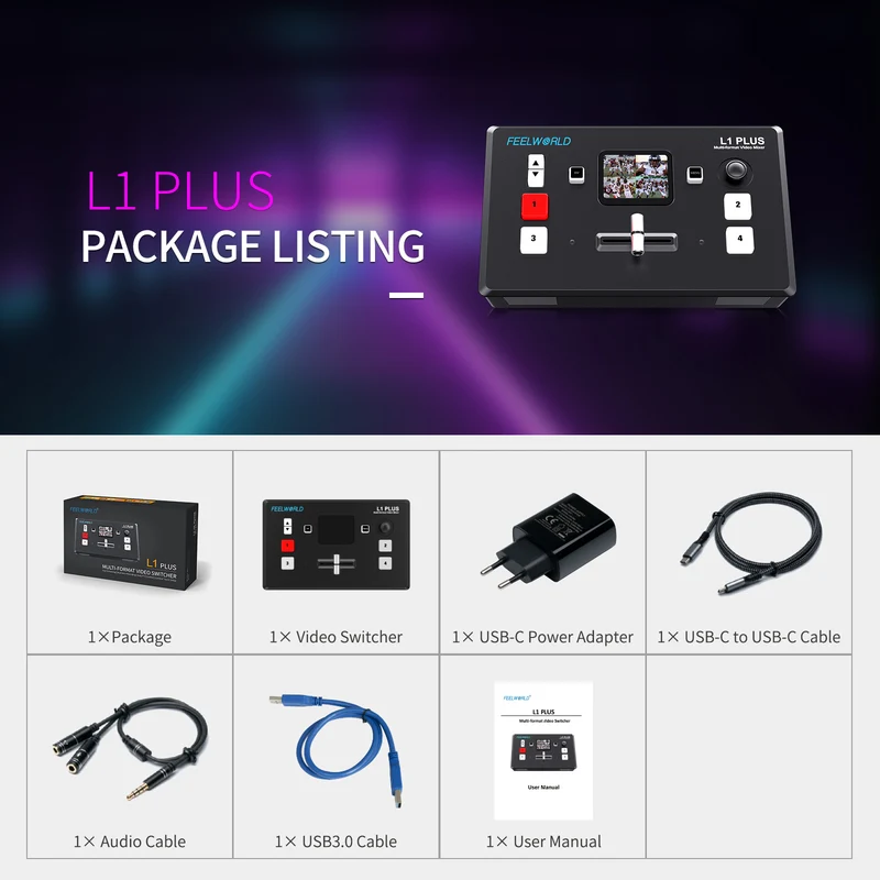 FEELWORLD L1 PLUS Multikamera-Videomischer-Umschalter 2" Touch-PTZ-Steuerung 4K-Eingang Live-Streaming