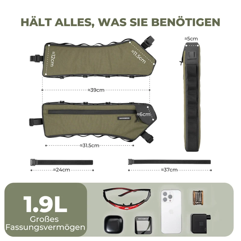 ROCKBROS Fahrrad Rahmentasche Dreiecktasche 1.9L Ultradünn & Schnellzugriff