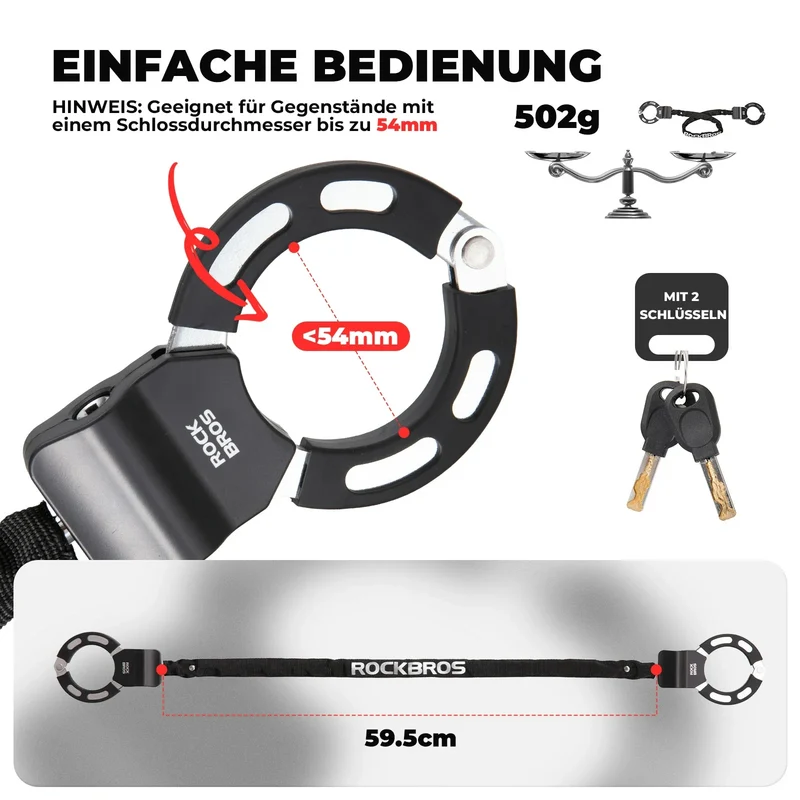 E-Scooter Schloss met 59,5 cm Stahlkette, Fahrradschloss für Roller & Fahrrad