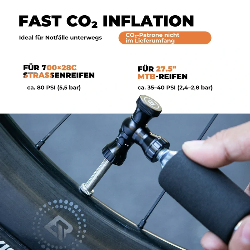 Mini Fahrradpumpe mit CO₂-Adapter - Tragbar, Presta & Schrader Compatibel, да 80 PSI
