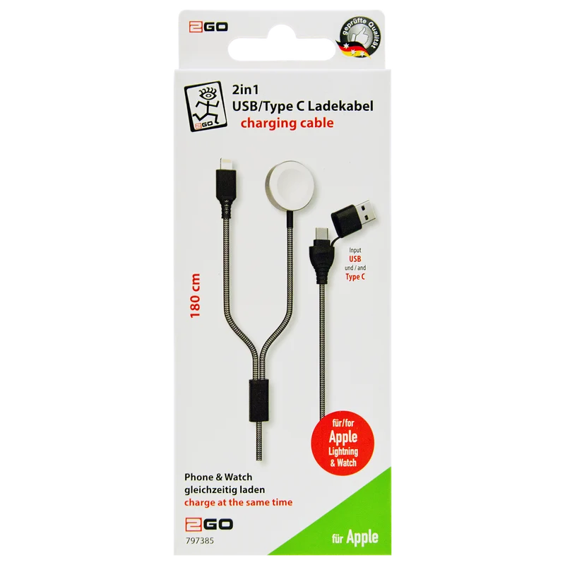 2 in 1 USB A / USB Type-C Ladekabel - 8-Pin (Lightning) & Wireless Pad für Watch - 180 cm - grau