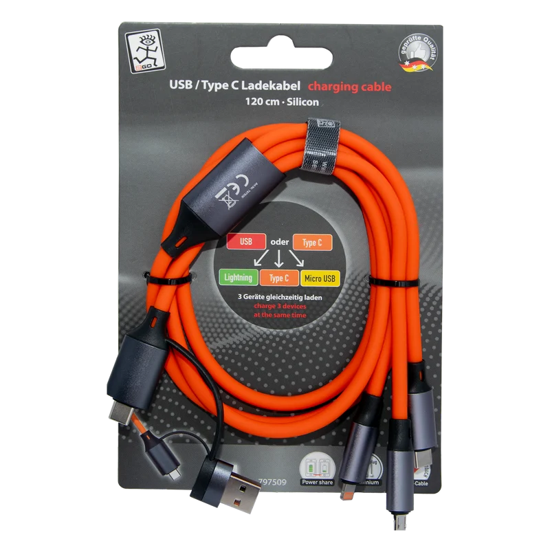 All in One USB Ladekabel - USB A / USB Type-C auf Micro-USB / 8-Pin (Lightning) / USB Type-C - 120 cm - verschiedene Farben
