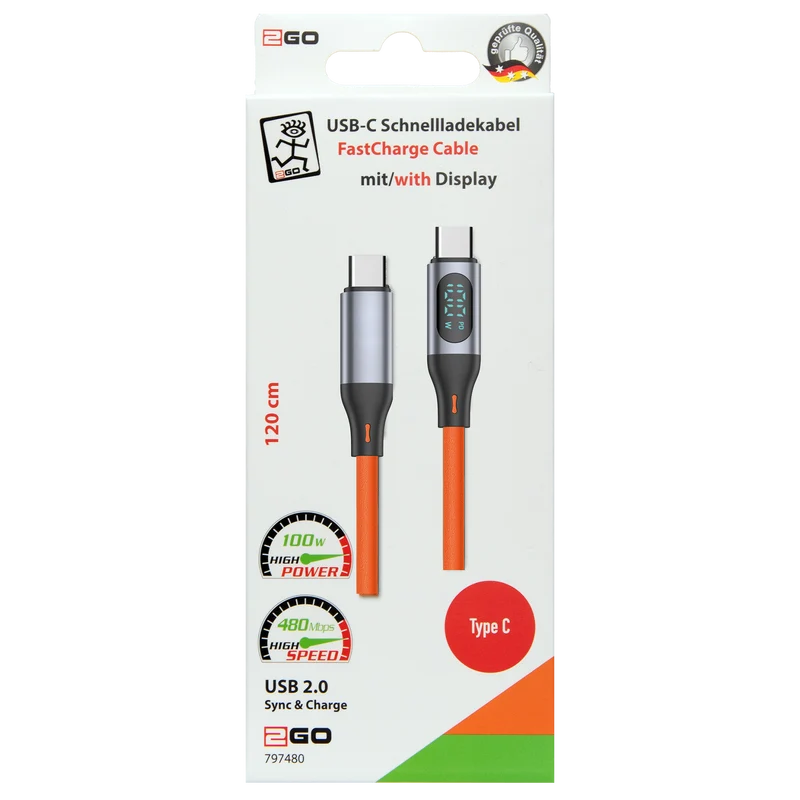 USB Datenkabel - High Speed - Digitaldisplay - USB Type-C auf USB Type-C - 120 cm - orange