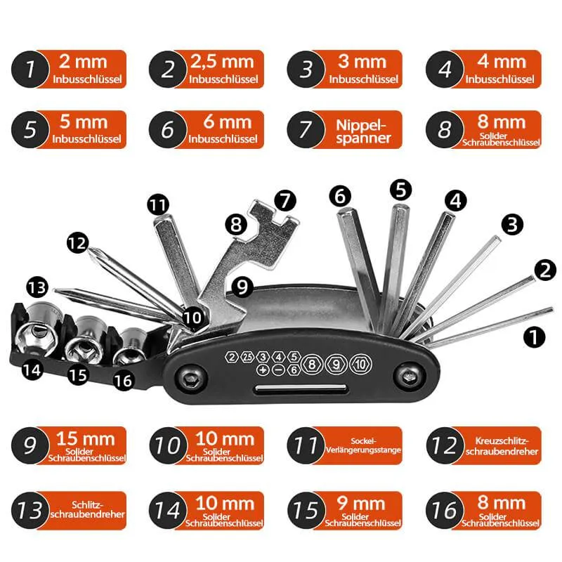 ROCKBROS Fahrrad Multifunktionswerkzeug 16 in 1 Reparatur Werkzeug