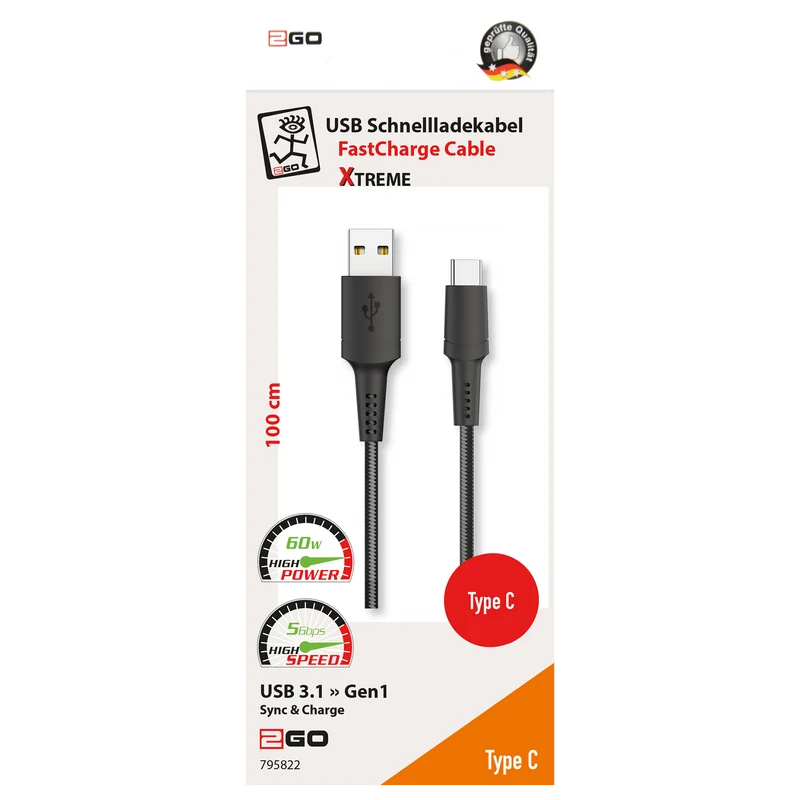 USB Datenkabel "Xtreme" - USB A auf USB Type-C - diverse Längen - grau