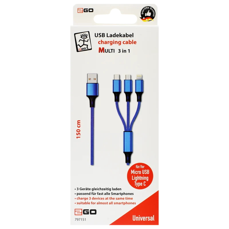 3 in 1 USB Ladekabel - USB A auf Micro-USB / 8-Pin (Lightning) / USB Type-C - 150 cm - diverse Farben
