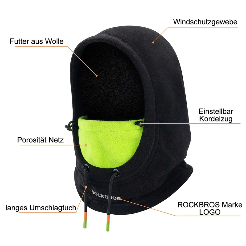 ROCKBROS Winter Skimasker Vlies Bivakmuts voor dames en heren Schwarz Grün