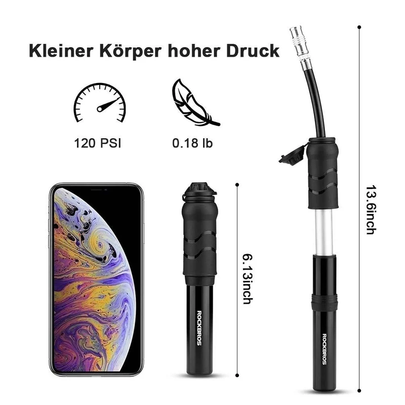ROCKBROS Fahrrad Minipomp 100 PSI Luftpomp Presta & Schrader Ventile