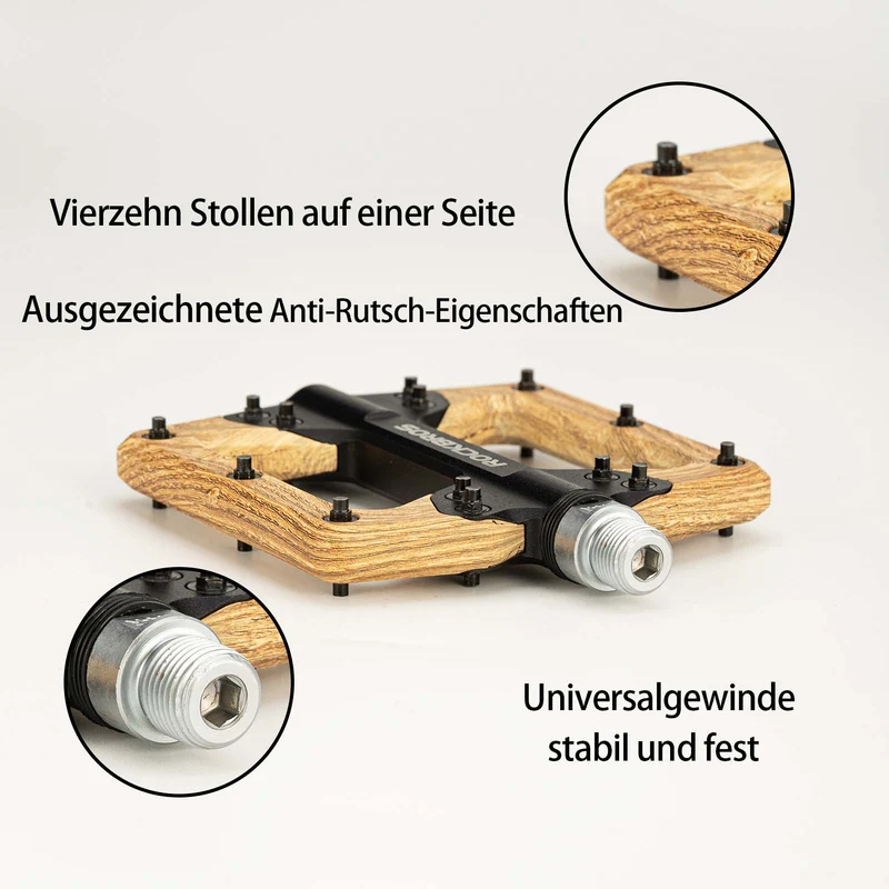 ROCKBROS Pedale CNC Alu Flat Pedale met 3 abgedichte lagers Holzfarbe