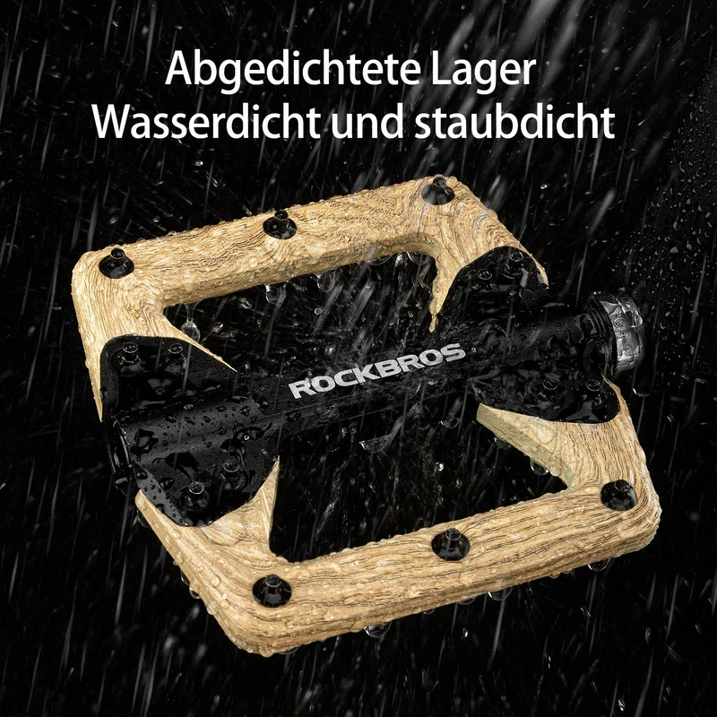 ROCKBROS Pedale CNC Alu Flat Pedale met 3 abgedichte lagers Holzfarbe