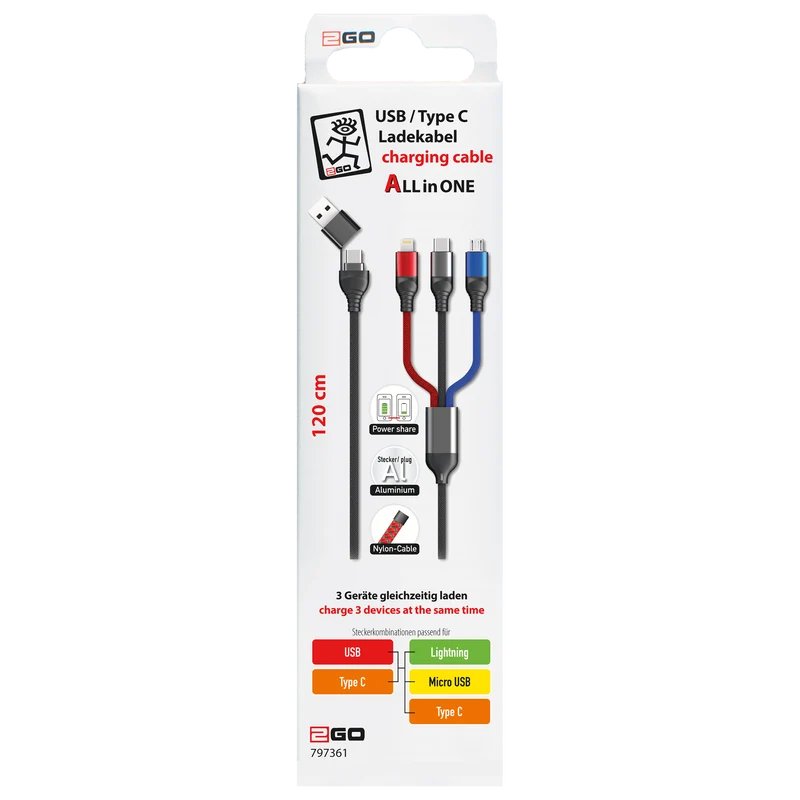 All in One USB Ladekabel - USB A / USB Type-C auf Micro-USB / 8-Pin (Lightning) / USB Type-C - 120 cm - diverse Farben