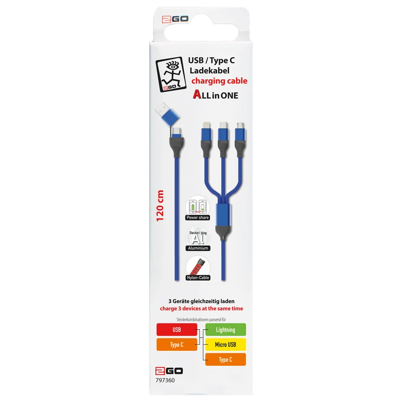 All in One USB Ladekabel - USB A / USB Type-C auf Micro-USB / 8-Pin (Lightning) / USB Type-C - 120 cm - diverse Farben