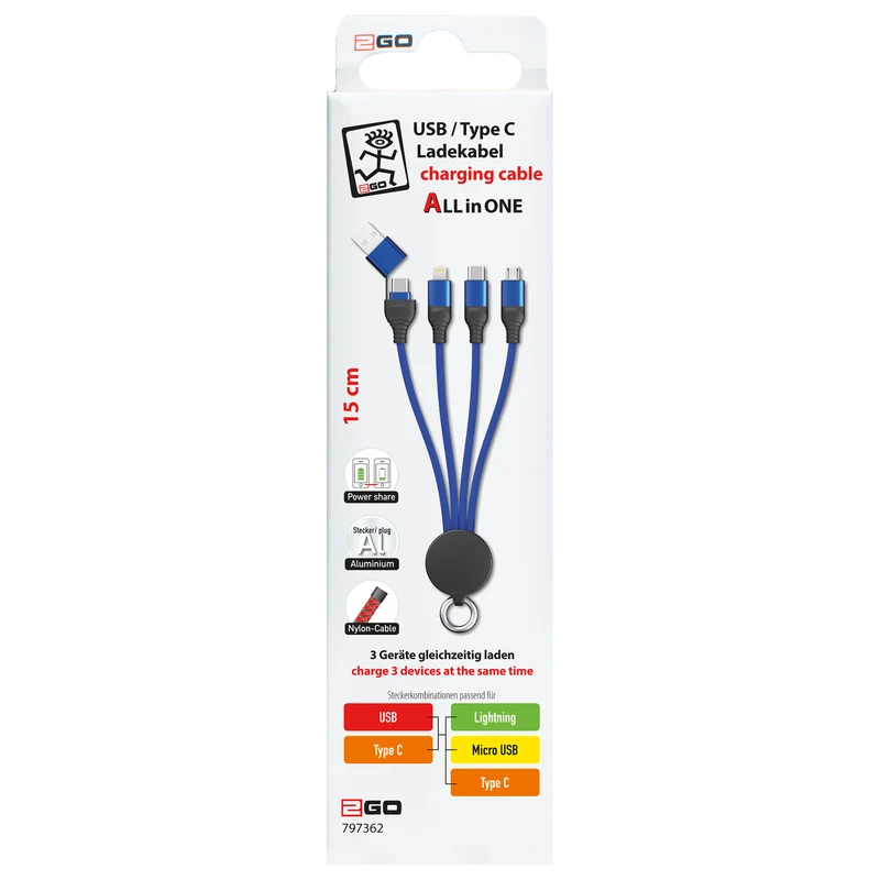 All in One USB Ladekabel - USB A / USB Type-C auf Micro-USB / 8-Pin (Lightning) / USB Type-C - 15 cm - diverse Farben