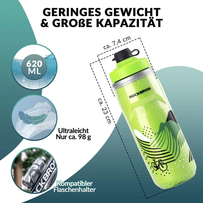 ROCKBROS Fahrradflasche 620 ml Sportflasche met 5 Stunden Kühlhaltefunktion