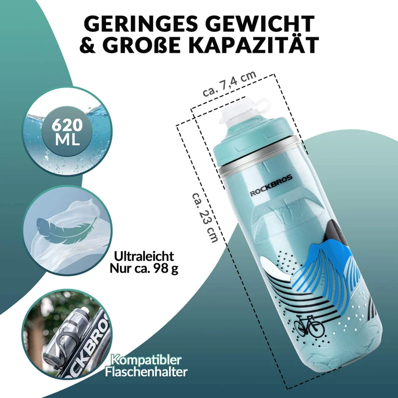 ROCKBROS Fahrradflasche 620 ml Sportflasche met 5 Stunden Kühlhaltefunktion