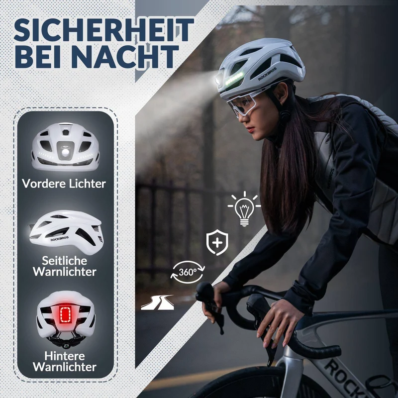 ROCKBROS Fahrradhelm met licht, met USB 1800 mAh Atmungsaktiv 58-60 cm