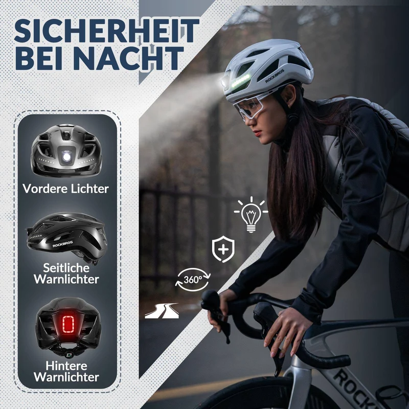 ROCKBROS Fahrradhelm met licht, met USB 1800 mAh Atmungsaktiv 58-60 cm