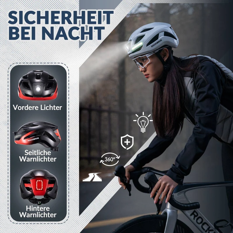 ROCKBROS Fahrradhelm met licht, met USB 1800 mAh Atmungsaktiv 58-60 cm