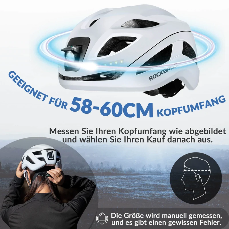 ROCKBROS Fahrradhelm met licht, met USB 1800 mAh Atmungsaktiv 58-60 cm