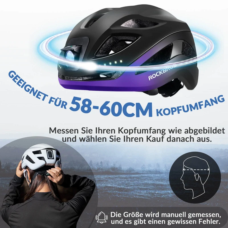 ROCKBROS Fahrradhelm met licht, met USB 1800 mAh Atmungsaktiv 58-60 cm