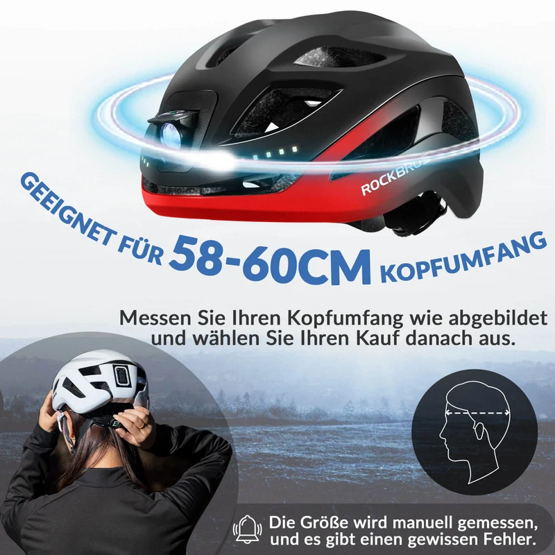 ROCKBROS Fahrradhelm met licht, met USB 1800 mAh Atmungsaktiv 58-60 cm
