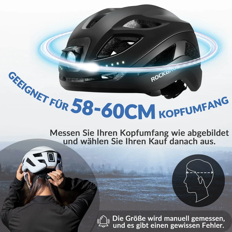 ROCKBROS Fahrradhelm met licht, met USB 1800 mAh Atmungsaktiv 58-60 cm
