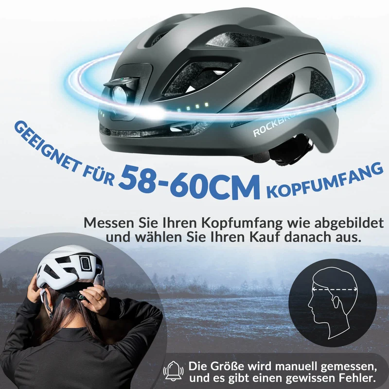 ROCKBROS Fahrradhelm met licht, met USB 1800 mAh Atmungsaktiv 58-60 cm