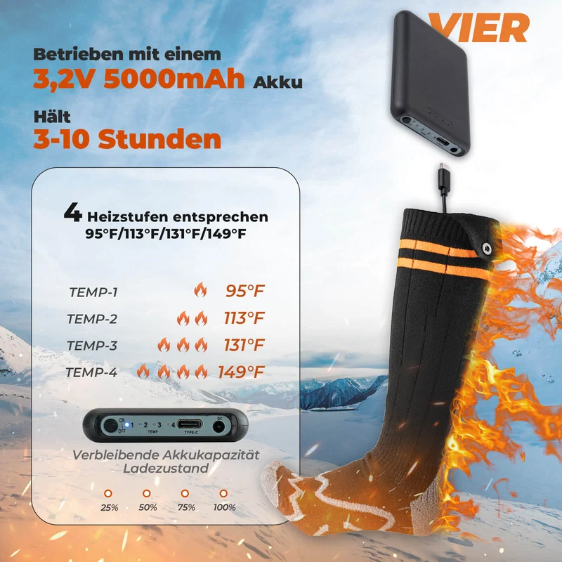 ROCKBROS Sportsocken Fahrradsocken Winter Heizsocken Wiederaufladbar 5000mAh