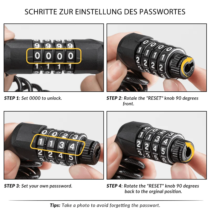 ROCKBROS Fahrradschloss Zahlenschloss Helmschloss mit 4-stellig Код макс. 150 см