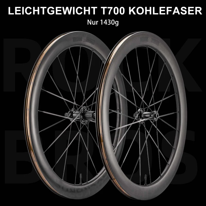 ROCKBROS T700 Carbon Laufradsatz 55mm Scheibenbremse Steckachse Laufrad Set für Rennrad Inklusive Vakuum-Reifenkissen