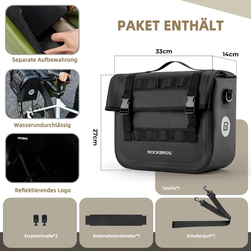 ROCKBROS Wasserdicht Fahrrad Gepäckträgertasche met Schultergurt hinten 15L