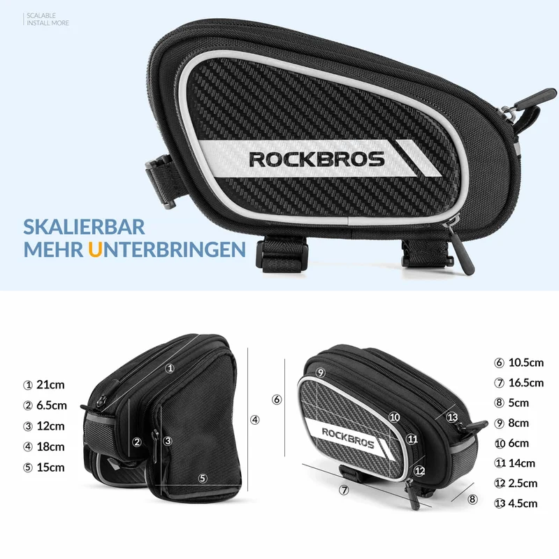 ROCKBROS Oberrohrtassche met reflecterende & 2 Seitentaschen 1.8L