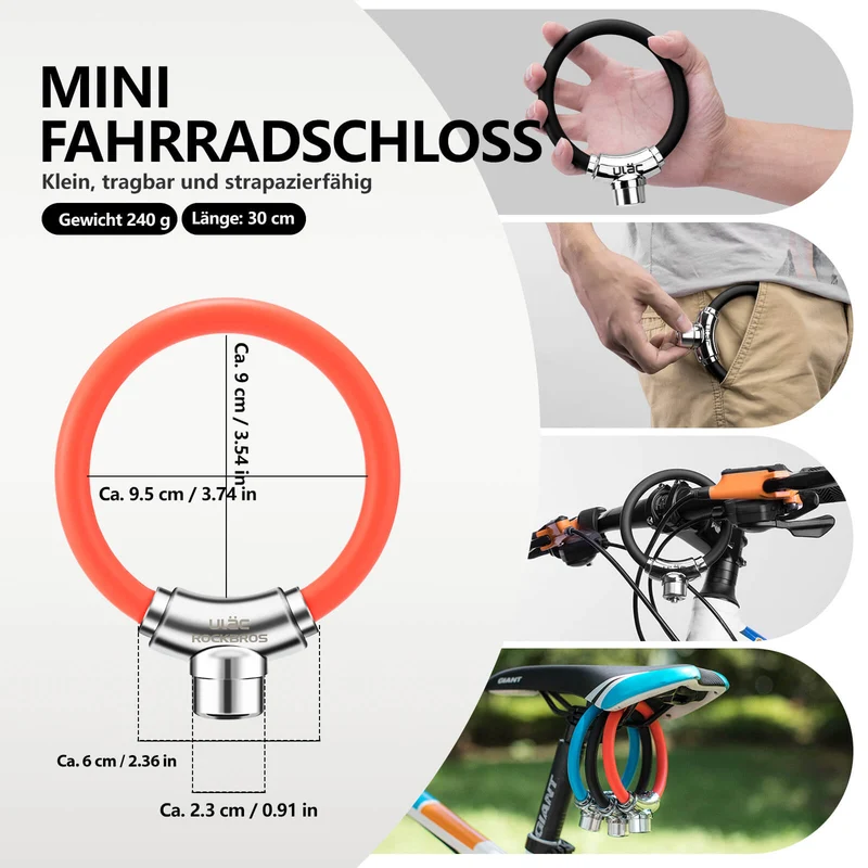 ROCKBROS Fahrradschloss Kabelschloss mit Klettverschlüssen ohne Schlüssel
