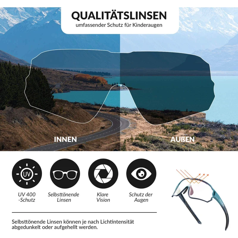ROCKBROS Kinder Fahrradbrille UV400-Schutz Selbsttonend Sonnenbrille