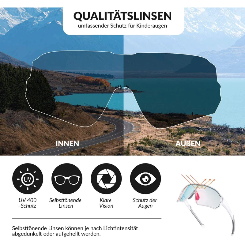 ROCKBROS Kinder Fahrradbrille UV400-Schutz Selbsttonend Sonnenbrille