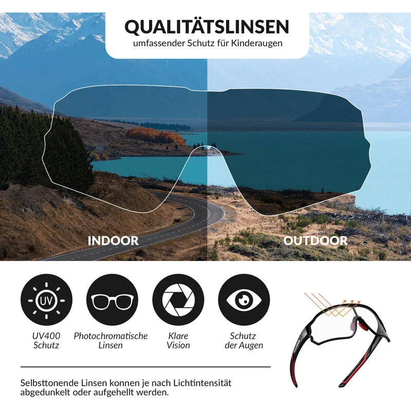 ROCKBROS Kinder Fahrradbrille UV400-Schutz Selbsttonend Sonnenbrille
